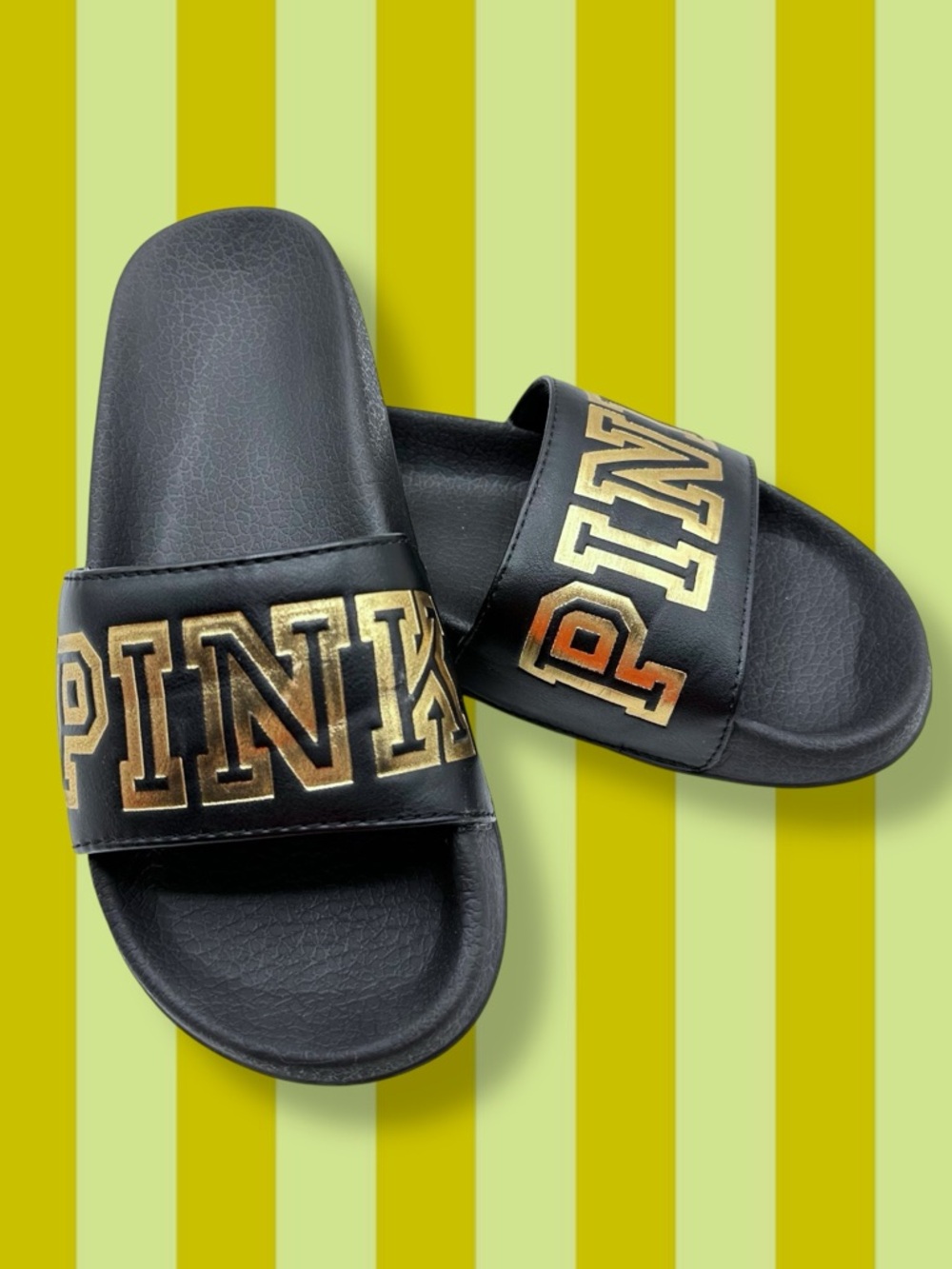 Victoria's Secret PINK Black & Gold Slip On Open Toe Comfy Pool Slides Sandals